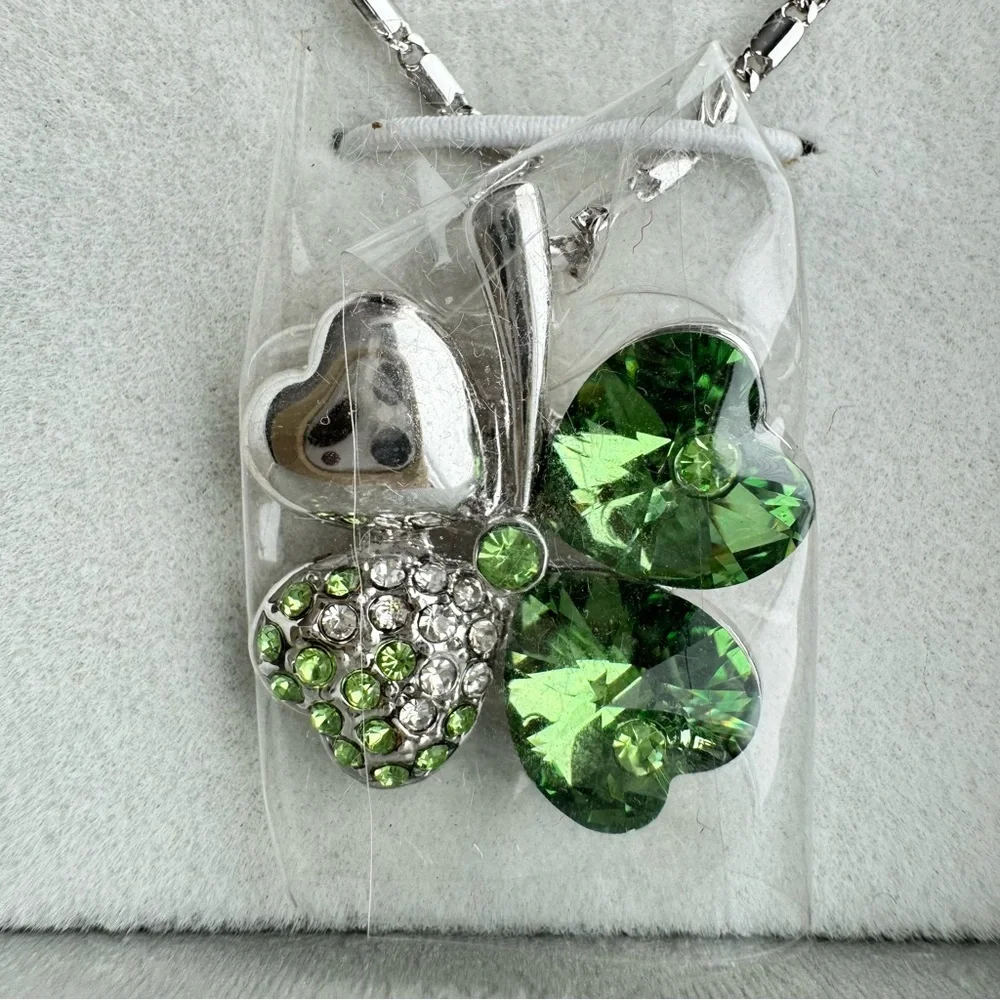 DAHLIA Four Leaf Clover Pendant Necklace Silver Tone Green Crystal Cz Heart Luck